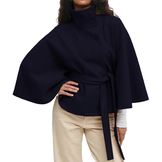 Manteau cape pour femme à manches chauve-souris, col haut, bleu