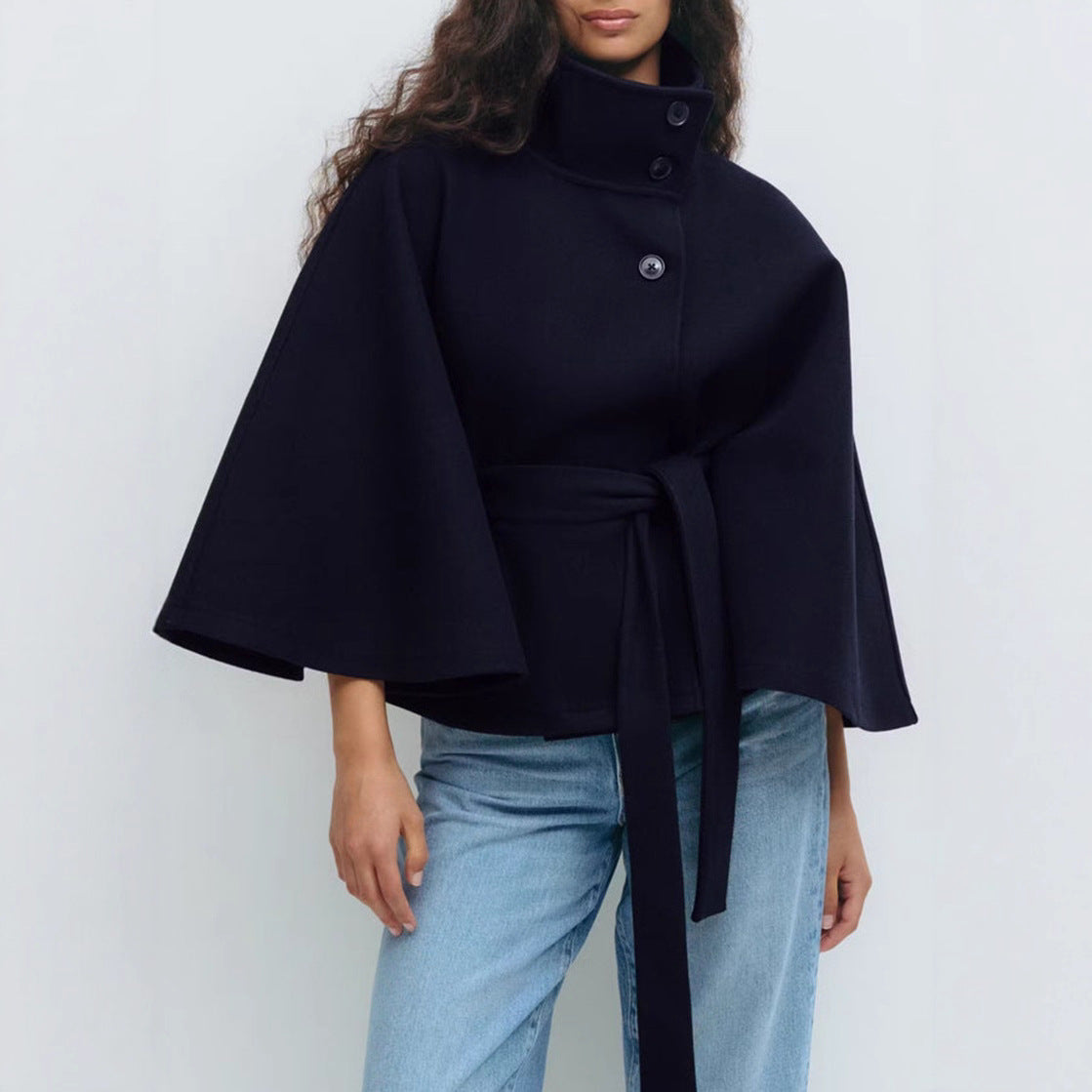 Manteau cape pour femme à manches chauve-souris, col haut, bleu