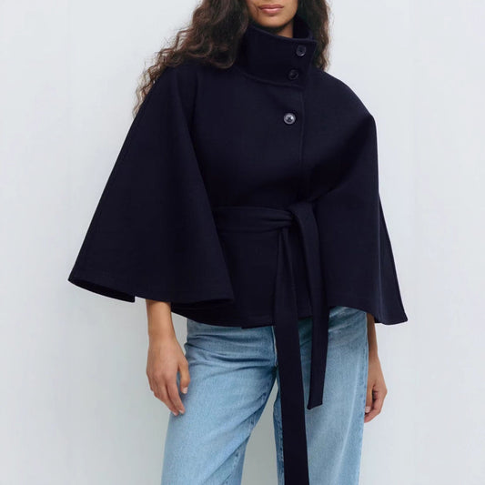Manteau cape pour femme à manches chauve-souris, col haut, bleu